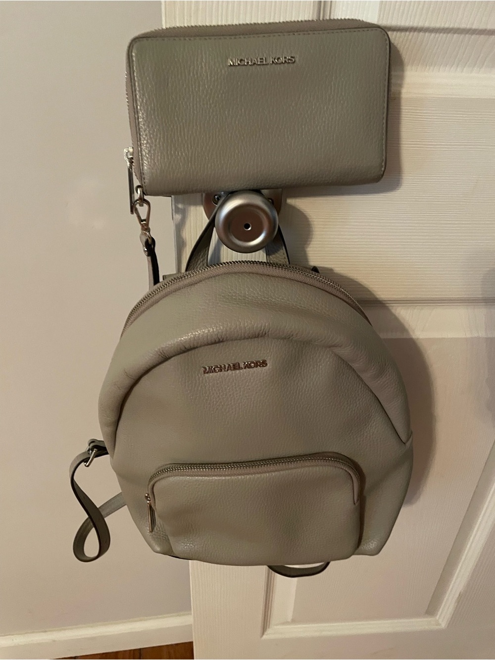 Michael Kors Gray Leather Backpack with Matching Wallet